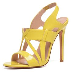 Elegant Yellow Heels For Summer, Elegant Yellow Summer Heels, Yellow Open Toe Heels With 4-inch Heel, Yellow Pointed Toe Evening Sandals, Yellow Open Heel Party Shoes, Yellow Open Heel Party Heels, Yellow Heels With Wrapped Heel For Evening, Yellow Party Sandals With 4-inch Heel, Elegant High Heel Yellow Sandals