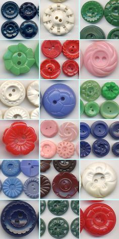 many different types of buttons are shown in this collage, including one for the center and two for the bottom