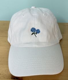 White Pigment Dyed baseball Hat with embroidered Hydrangea design 100% cotton, adjustable Fall Hats, Flower Hats, White Hydrangea, Trucker Cap, Dad Hats, Baseball Cap, Hydrangea, Caps Hats, Baseball Hats