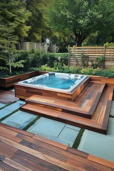 floating deck around hot tub Pool Wood Deck Ideas, Modern Hot Tubs Patio, Jacuzzi Built In Deck, Spa In Deck, Decking Around Swim Spa, Multi Level Deck With Hot Tub, Deck And Hot Tub Ideas, Swim Spa Backyard Ideas With Deck, Hot Tub Deck Design Ideas