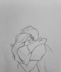 a pencil drawing of a woman hugging someone