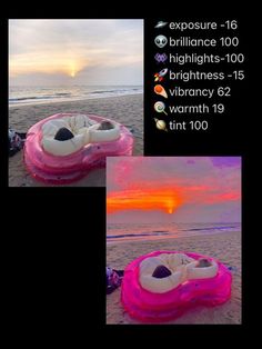 an inflatable chair is on the beach at sunset and there are pictures of it