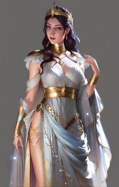 a woman in a white and gold costume