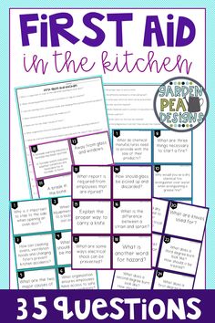 the first aid in the kitchen with five questions and four pictures to help students understand what they