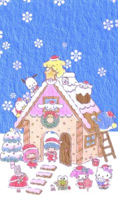 a christmas house with snowflakes and animals around it