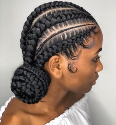 Six Cornrow Braids into a Side Bun Two Cornrow Braids, Big Cornrows, Small Cornrows, Ghana Braid Styles, Bun Braids, Ghana Braids Hairstyles, Cornrow Ponytail, Side Braids, Braid Bun