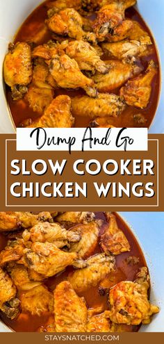 dump and bake slow cooker chicken wings in a bowl with text overlay