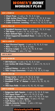 the women's home workout plan is shown in black and orange, with an orange stripe