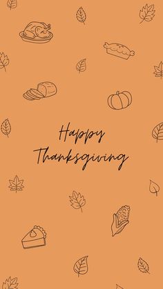 an orange thanksgiving card with black lettering that says happy thanksgiving and fall leaves around it