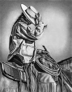 a pencil drawing of a cowboy on a horse wearing a hat and holding a lasso