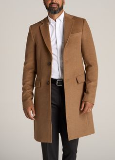 American-Tall-Men-Wool-Coat-Camel-front Modern Brown Outerwear For Business Casual, Business Camel Outerwear With Lapel Collar, Camel Business Outerwear With Lapel Collar, Formal Camel Winter Outerwear, Camel Winter Formal Outerwear, Camel Formal Winter Outerwear, Modern Brown Outerwear For Business, Masculine Winter Business Outerwear, Modern Brown Business Outerwear