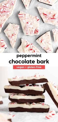 peppermint chocolate bark is stacked on top of each other with white and red sprinkles