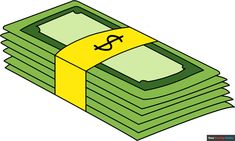 a stack of money with a dollar sign on it's side and a yellow band around the edge