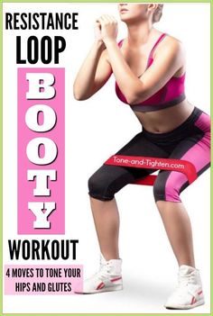 a woman in pink top and black shorts doing squat exercises with the words resistance loop workout 4 moves to tone your hips and glutes