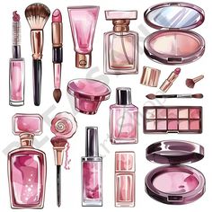 a set of pink makeup and cosmetics items