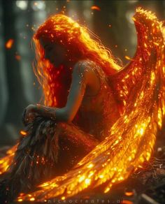 a woman with long red hair sitting on top of a pile of fire