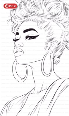 a line drawing of a woman's face with large hoop earrings