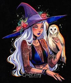 a woman in a witch costume holding an owl and wearing a purple hat with flowers on her head