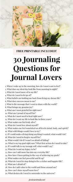 the journal is open with flowers on it and text that reads, 30 journaling questions for