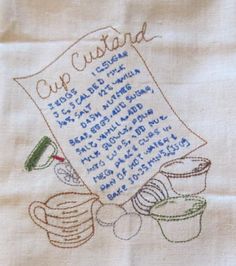 a close up of a piece of cloth with embroidered words on it and pictures of dishes