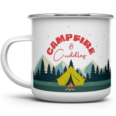 the campfire and cuddles enamel mug is shown with an image of a tent in