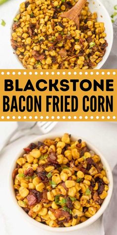 black - stone bacon fried corn in a white bowl with a wooden spoon next to it