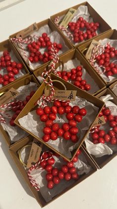 six boxes filled with red berries on top of a white table