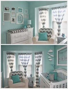 the baby's room is decorated in blue and gray colors with chevroned curtains