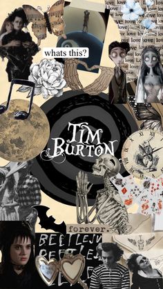 a collage of images with the words tim burton on them and pictures of people