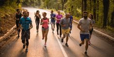 a group of people are running down the road