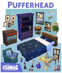 an image of a bedroom with furniture and pictures on the wall above it that says, pufferhead