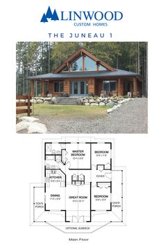 the floor plan for this log cabin is shown in blue and white, with an attached porch