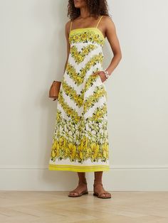 ALÉMAIS' 'Gisela' dress captures the essence of spring - it's printed with sunny buttercups and daisies in a chevron formation. Made from lightweight linen, it has a square neckline framed by adjustable straps and a flowing A-line skirt. Style yours with strappy sandals and a raffia tote. Spring Beach Dress With Sunflower Print, White Lemon Print Dress For Spring, Midi Length Lemon Print Dress For Garden Party, Lemon Print Sundress For Garden Party, Garden Party Lemon Print Midi Dress, Garden Party Lemon Print Sundress, Yellow Floral Print Dress For Daywear, Yellow Midi Dress, Dress Flats