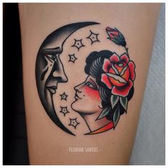 a woman's face with a rose and crescent moon tattoo on her right thigh