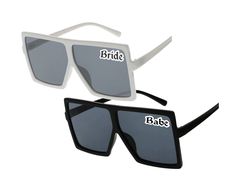 the bride and groom sunglasses are both black and white with grey tinted glasses on them