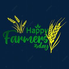 happy farmer's day greeting card with wheat stalks and leaves on dark blue background