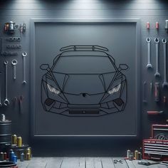 a drawing of a sports car on a wall in a garage with tools around it