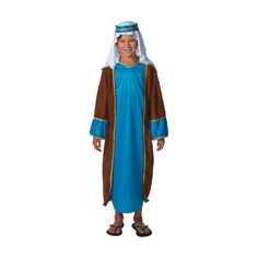 Your child's going to nail the role of Joseph for the annual Christmas play while sporting this impressive costume. Perfect for nativity scenes or Christmas plays, this Joseph costume includes a gown and headpiece. The gown is brown and blue with gold trim and the headpiece is white with a blue band. Add your own sandals to complete this look. Polyester. (3 pcs. per set) 39 1/2" x 16" gown with a 19 1/2" headpiece. Imported. © OTC Innkeeper Costume, Christmas Costumes For Adults, Wise Man Costume, Joseph Costume, Shepherd Costume, Saint Costume, Christmas Plays, Biblical Costumes, Nativity Costumes