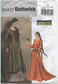 Medieval Renaissance Costume Dress Train Belt Butterick Pattern 4827 Szs 14-20 #Butterick #renaissancemedievalcostume Medieval Dress Pattern, Costume Viking, Historical Patterns, Fantasy Au, Historical Clothes, Costume Sewing, Medieval Gown, Celebrity Wedding Dresses, Period Clothing