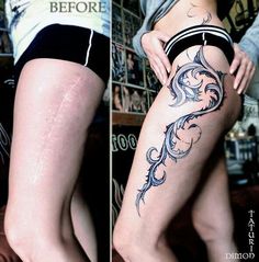 two pictures of the same woman's legs with tattoos on them, both showing their thighs