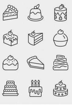 different types of cakes and desserts are shown in this black and white drawing style