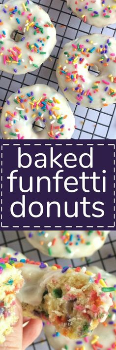 baked funfetti donuts with sprinkles and white frosting on a cooling rack