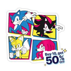 the sticker shows sonic and tails in four different colors, including blue, yellow, pink