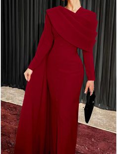 Solid Dresses For Banquet During Party Season, Chic Solid Color Evening Dress For Banquet, Maxi Length Dress For Banquet, Fitted Solid Color Maxi Dress For Wedding Guests, Elegant Non-stretch Dress With Ruffles, Elegant Non-stretch Ruffle Dress, Elegant Non-stretch Ruffled Dress, Long Evening Dress In Solid Color, Elegant Solid Color Dresses For Party Season