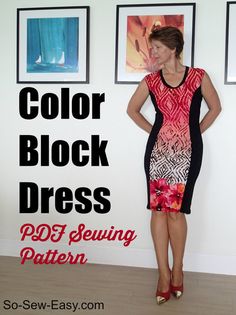 a woman standing in front of a wall with pictures on it and the words color block dress