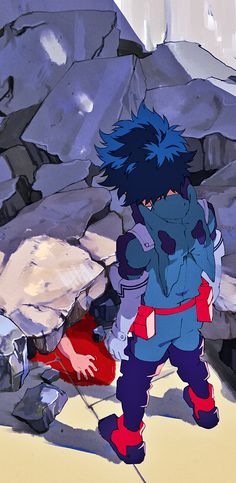 an anime character standing in front of some rocks