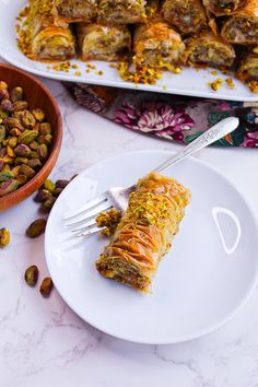 Pistachio Baklava Rolls - Maral in the Kitchen Moroccan Desserts, Filo Dough, Nut Dessert, Middle Eastern Desserts