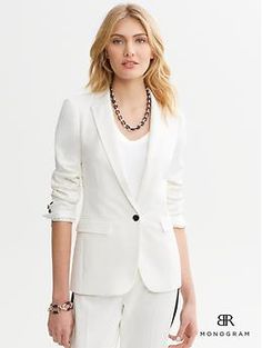 BR Monogram Tuxedo Blazer | Banana Republic Formal White Blazer With Pockets, Elegant Office Suits With Pockets, Formal Structured Suits With Pockets, Elegant Outerwear With Pockets For Office, Elegant Career Outerwear With Pockets, Elegant Blazer With Pockets, Elegant Workwear Suits With Pockets, Elegant Career Outerwear With Single Button, Elegant Single Button Outerwear For Career