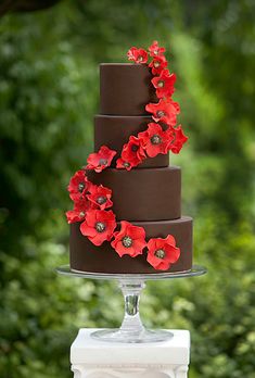 a three tiered chocolate cake with red flowers on top