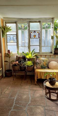 a living room filled with lots of plants next to two large windows and potted plants